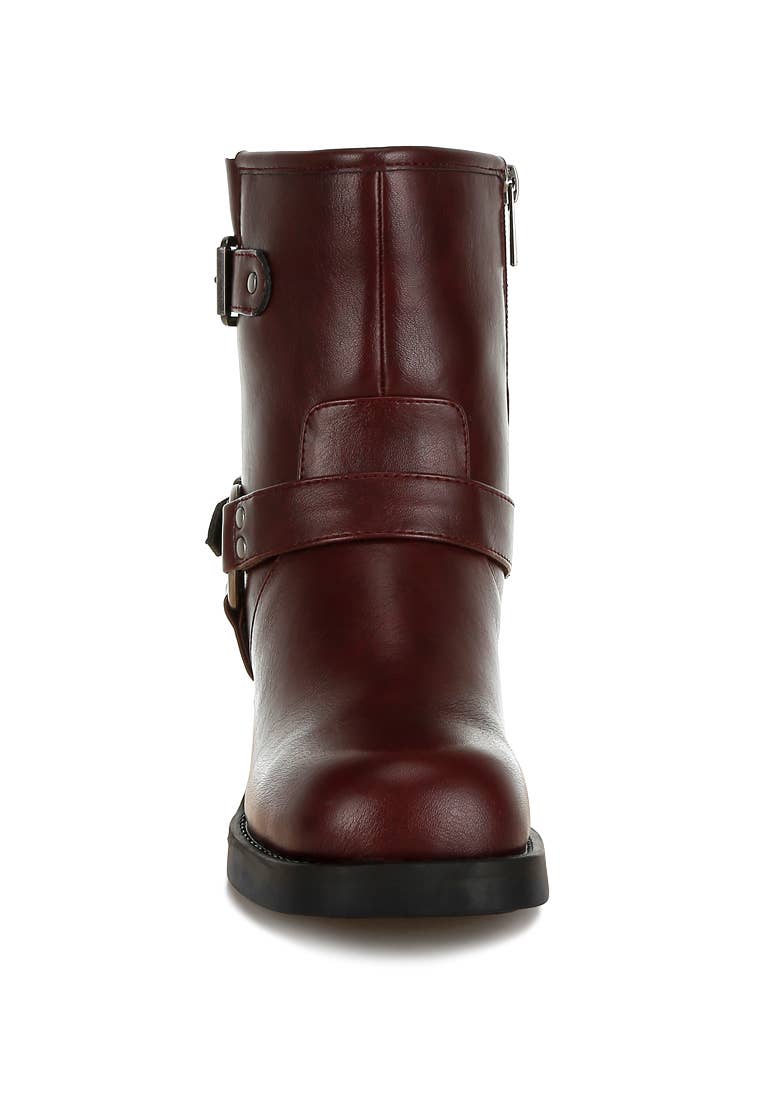 Caribou Harness Detail Biker Boots: Burgundy / US-7 / UK-5 / EU-38