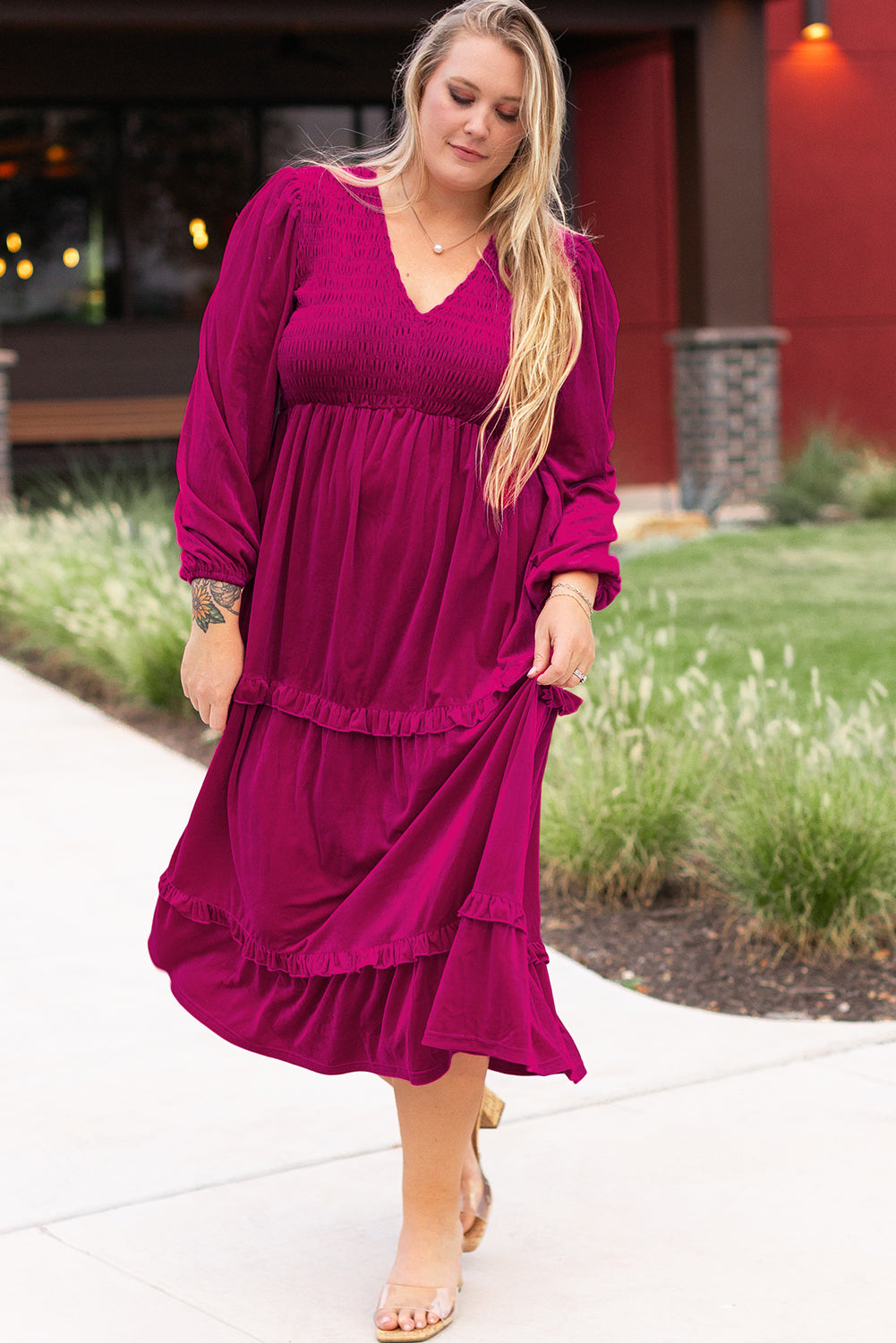 Rose Red Shirred V Neck Tiered Ruffled Velvet Plus Size Maxi Dress