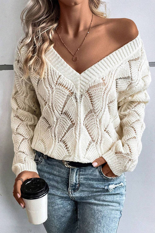 Hollowed Knit V-Neck Sweater: Beige / L