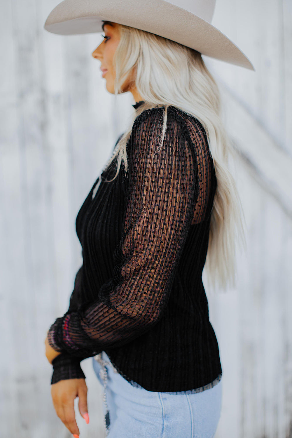 Black Dotty Lace Sheer Mock Neck Long Sleeve Blouse