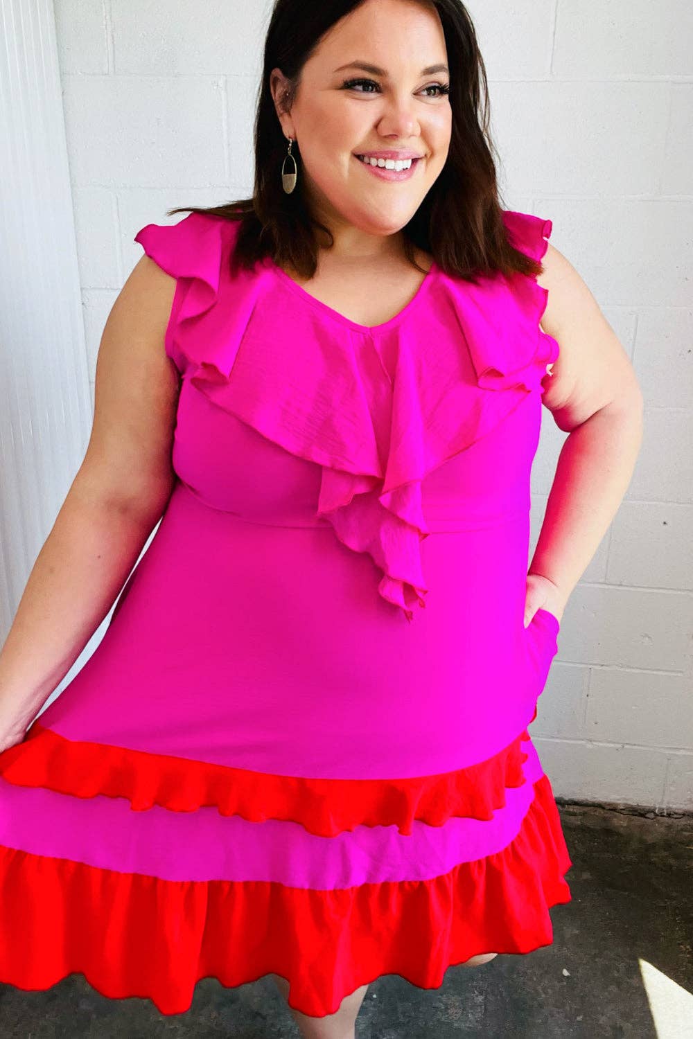 Fuchsia Ruffle V Neck Crepe Tiered Midi Dress (Open Pack): 2X