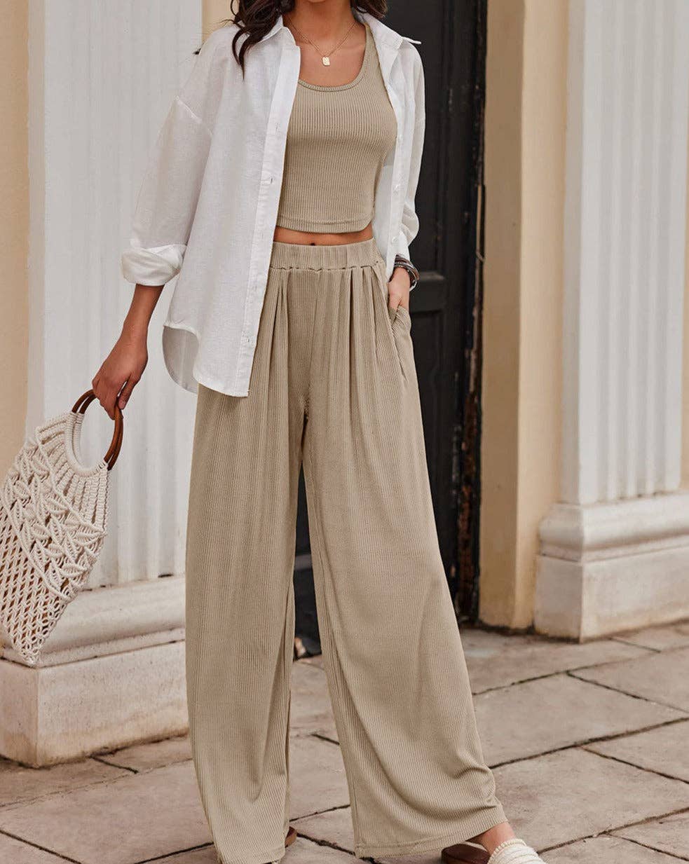 Ribbed Top and Pants Outfit Set: Parchment / S