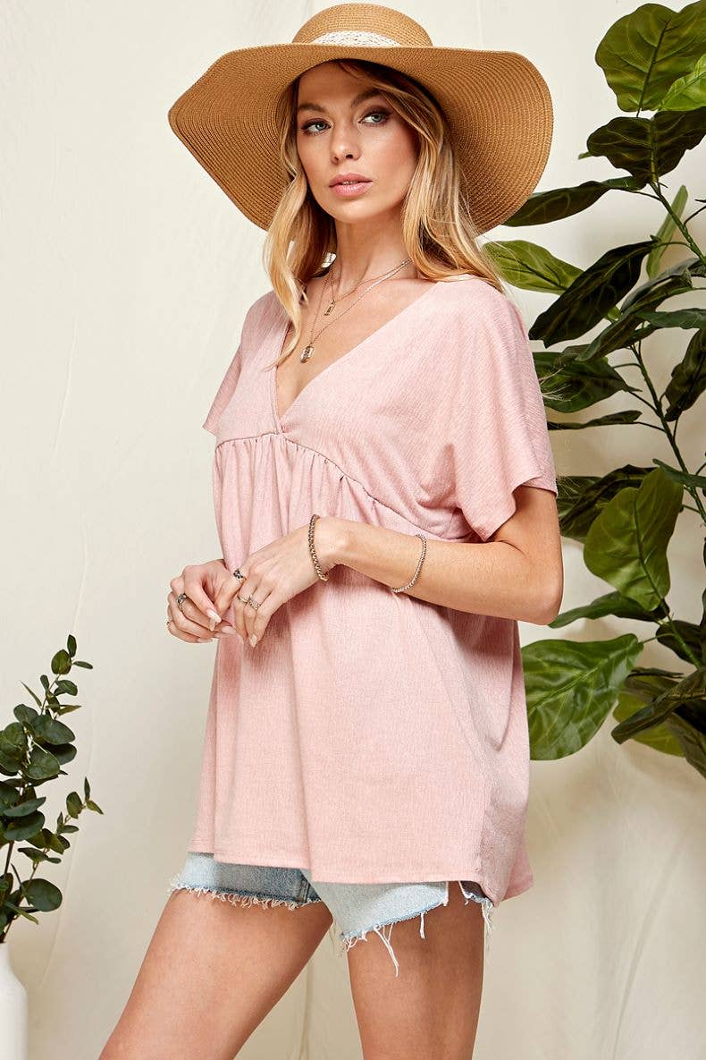 ST21043A - WOMEN SOLID SOFT V NECK BABY DOLL BLOUSE: BLUSH / M