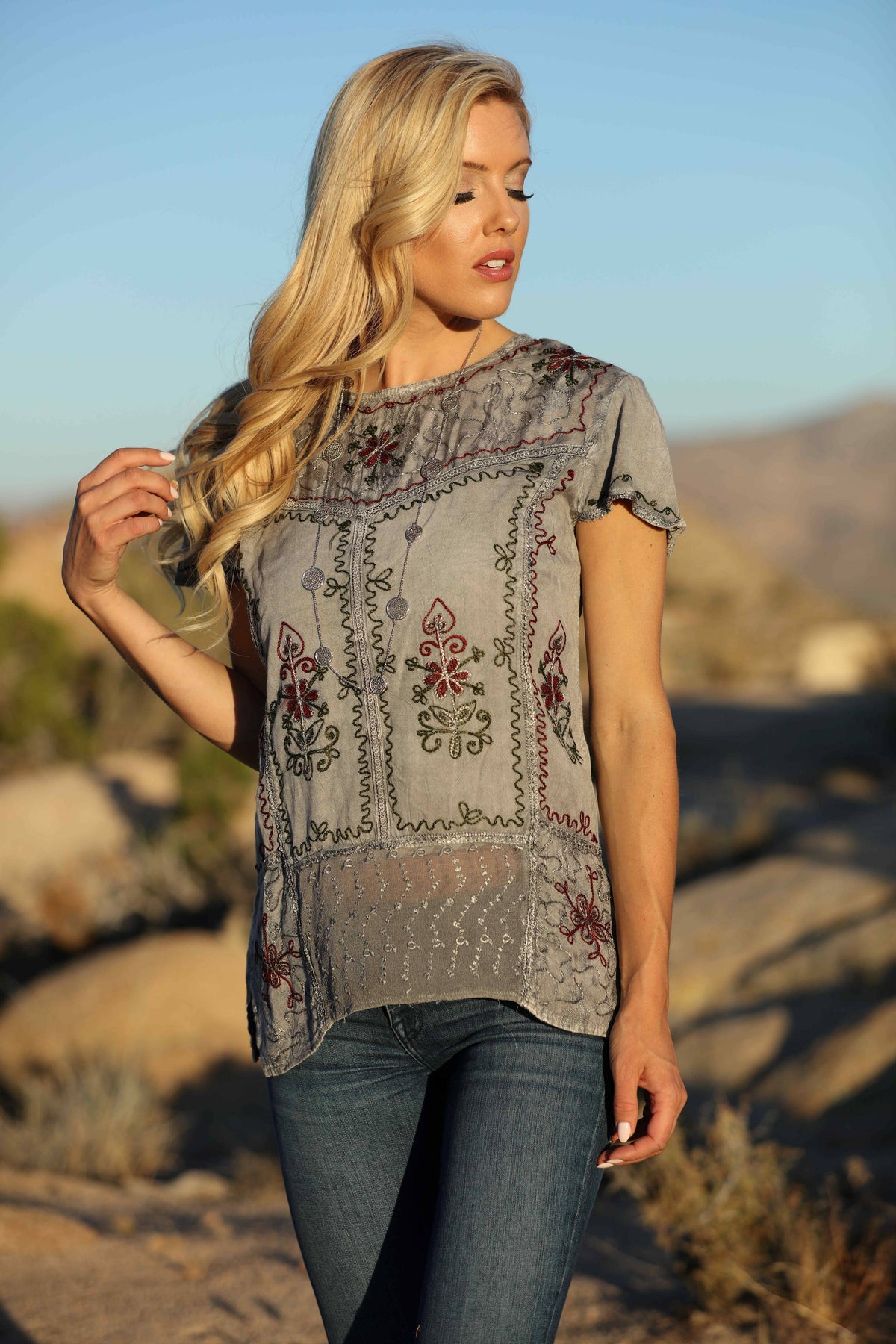Round Neck Jewel Tone Embroidered Unique Tunic : Black / One Size