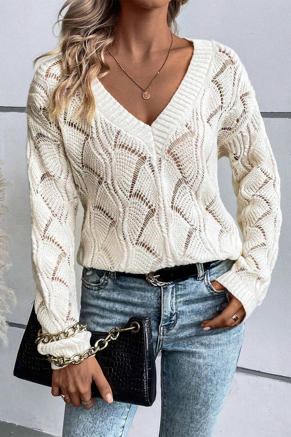 Hollowed Knit V-Neck Sweater: Beige / L