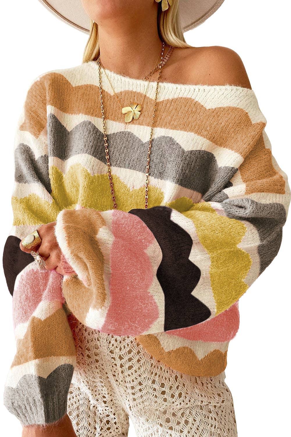 Wave Stripe Balloon Sleeve Sweater: Yellow / L