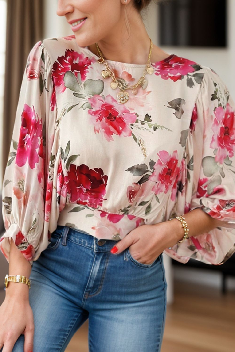 Tied Floral Round Neck Three-Quarter Sleeve Blouse