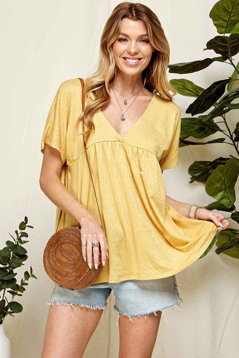ST21043A - WOMEN SOLID SOFT V NECK BABY DOLL BLOUSE: BLUSH / S