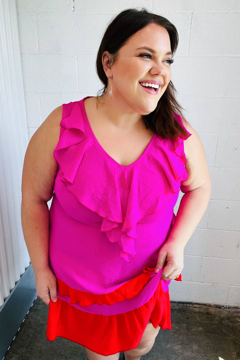 Fuchsia Ruffle V Neck Crepe Tiered Midi Dress (Open Pack): 2X