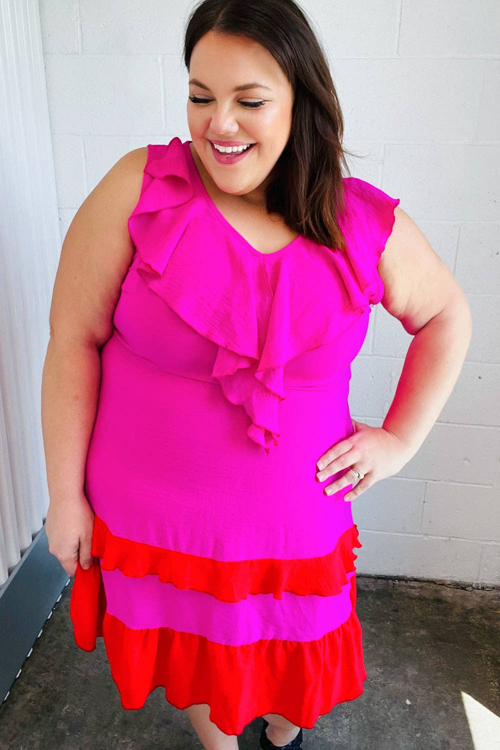 Fuchsia Ruffle V Neck Crepe Tiered Midi Dress (Open Pack): 2X