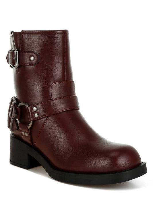 Caribou Harness Detail Biker Boots: Burgundy / US-7 / UK-5 / EU-38