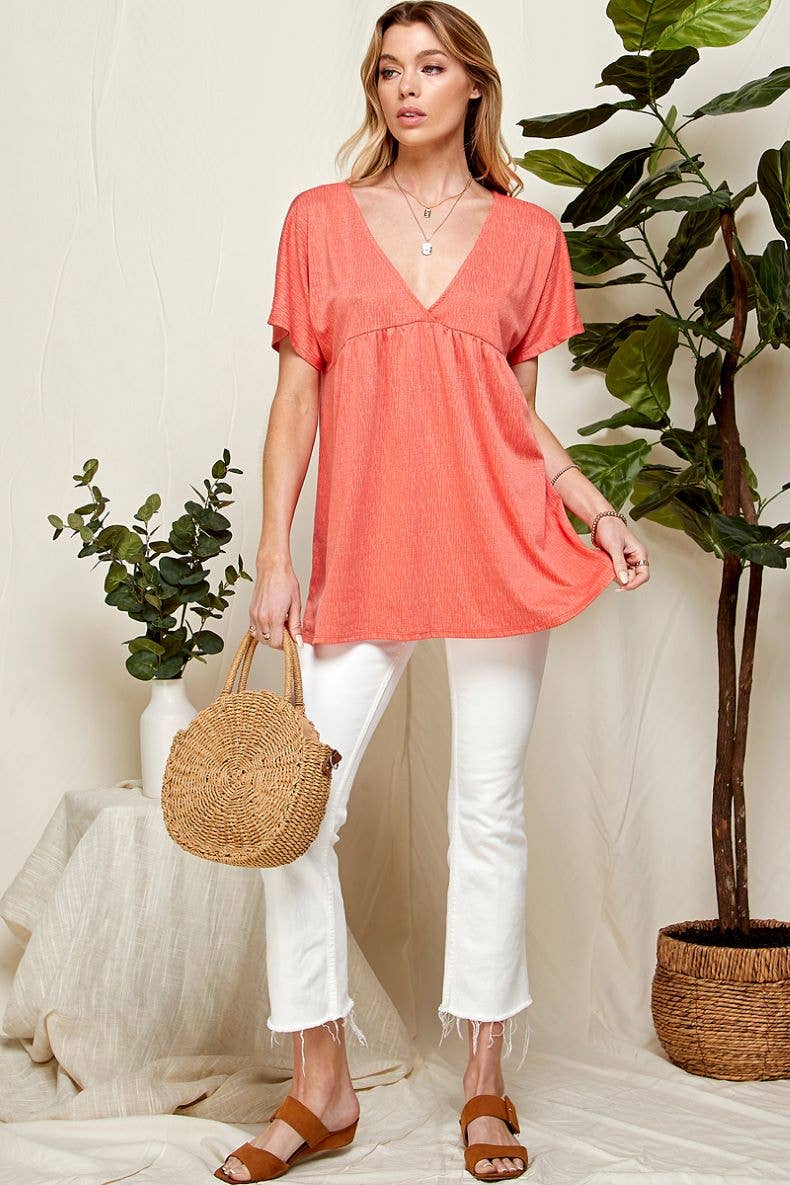 ST21043A - WOMEN SOLID SOFT V NECK BABY DOLL BLOUSE: BLUSH / L