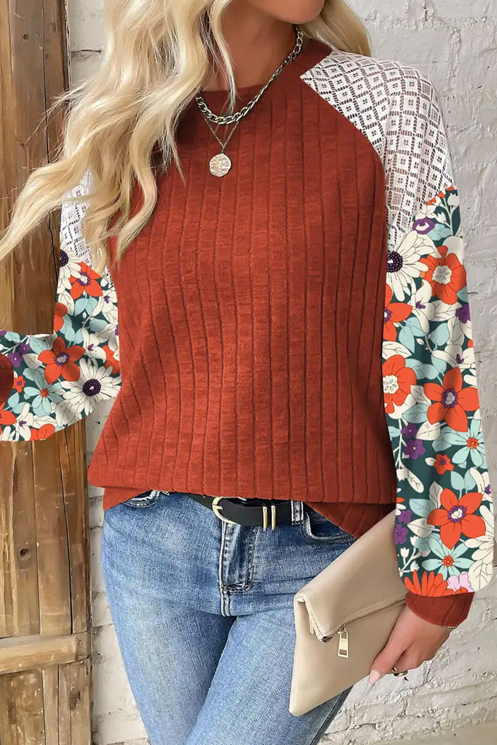 Laurel Green Floral Patchwork Long Sleeve Ribbed Blouse